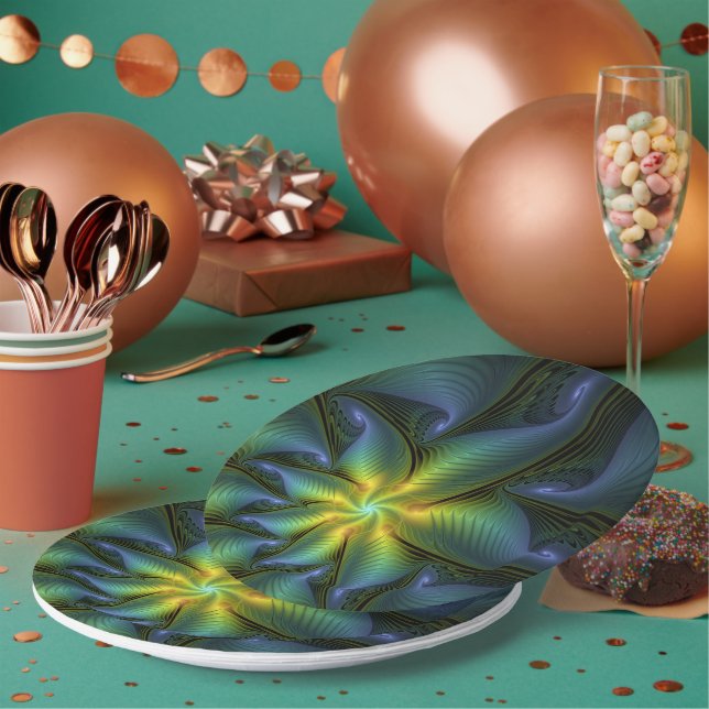 Abstract Star, Shiny Blue Green Golden Fractal Art Paper Plates (Multi)