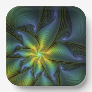 Abstract Star, Shiny Blue Green Golden Fractal Art Paper Plates