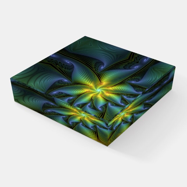 Abstract Star, Shiny Blue Green Golden Fractal Art Paperweight (Angled)