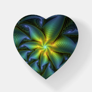 Abstract Star, Shiny Blue Green Golden Fractal Art Paperweight