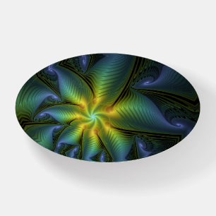 Abstract Star, Shiny Blue Green Golden Fractal Art Paperweight