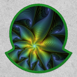 Abstract Star, Shiny Blue Green Golden Fractal Art Patch