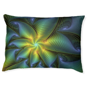Abstract Star, Shiny Blue Green Golden Fractal Art Pet Bed