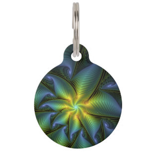 Abstract Star, Shiny Blue Green Golden Fractal Art Pet ID Tag