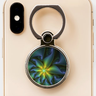 Abstract Star, Shiny Blue Green Golden Fractal Art Phone Ring Stand