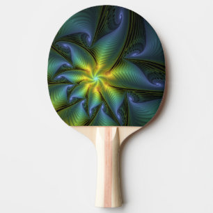 Abstract Star, Shiny Blue Green Golden Fractal Art Ping Pong Paddle