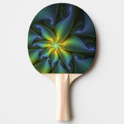 Abstract Star Shiny Blue Green Golden Fractal Art Ping Pong Paddle