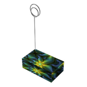 Abstract Star, Shiny Blue Green Golden Fractal Art Place Card Holder