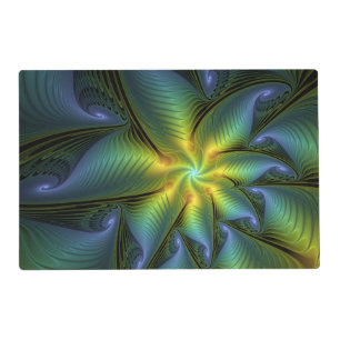 Abstract Star, Shiny Blue Green Golden Fractal Art Placemat