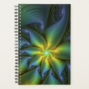 Abstract Star, Shiny Blue Green Golden Fractal Art Planner