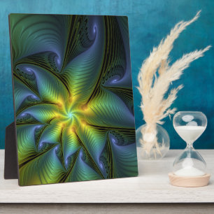 Abstract Star, Shiny Blue Green Golden Fractal Art Plaque