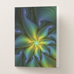 Abstract Star, Shiny Blue Green Golden Fractal Art Pocket Folder