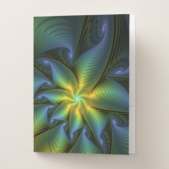 Abstract Star, Shiny Blue Green Golden Fractal Art Pocket Folder (Front)