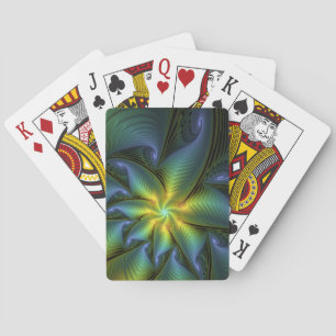 Abstract Star, Shiny Blue Green Golden Fractal Art Poker Cards