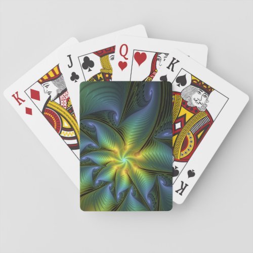 Abstract Star Shiny Blue Green Golden Fractal Art Poker Cards