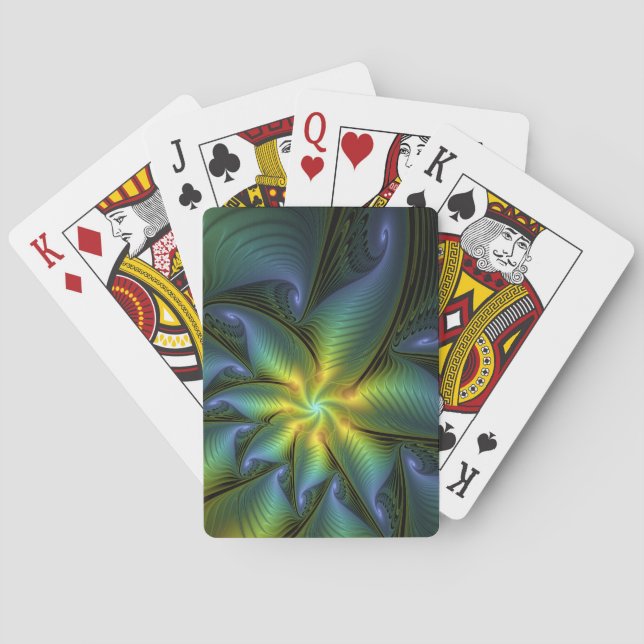 Abstract Star, Shiny Blue Green Golden Fractal Art Poker Cards (Back)
