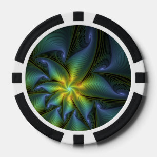 Abstract Star, Shiny Blue Green Golden Fractal Art Poker Chips