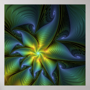 Abstract Star, Shiny Blue Green Golden Fractal Art Poster