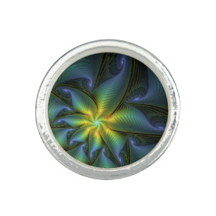 Abstract Star, Shiny Blue Green Golden Fractal Art Ring