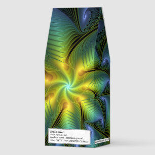 Abstract Star, Shiny Blue Green Golden Fractal Art Roasted Coffee