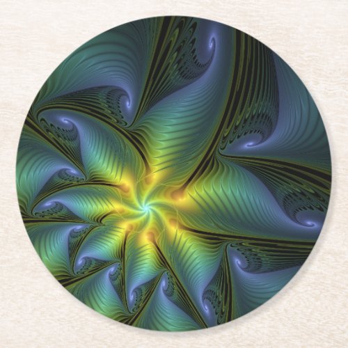 Abstract Star Shiny Blue Green Golden Fractal Art Round Paper Coaster