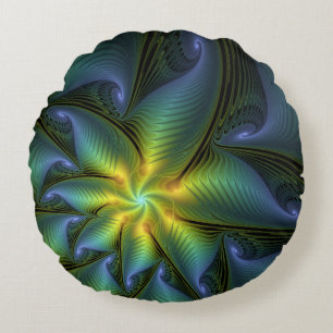 Abstract Star, Shiny Blue Green Golden Fractal Art Round Pillow