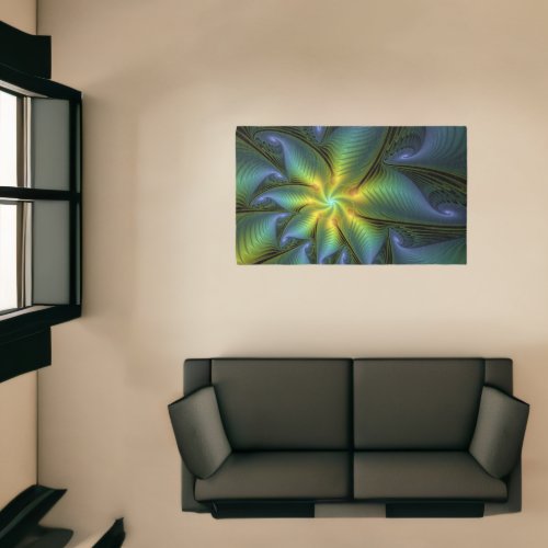 Abstract Star Shiny Blue Green Golden Fractal Art Rug