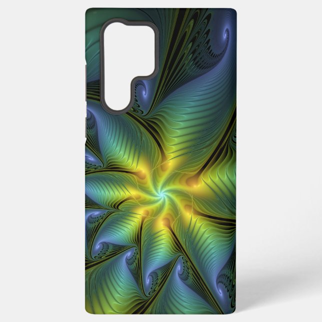 Abstract Star, Shiny Blue Green Golden Fractal Art Samsung Galaxy Case (Back)