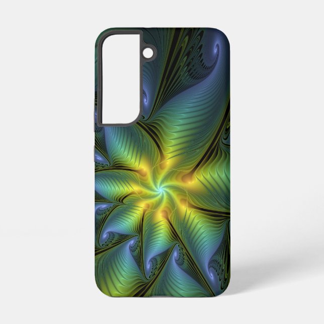 Abstract Star, Shiny Blue Green Golden Fractal Art Samsung Galaxy Case (Back)
