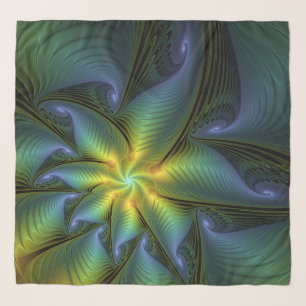 Abstract Star, Shiny Blue Green Golden Fractal Art Scarf