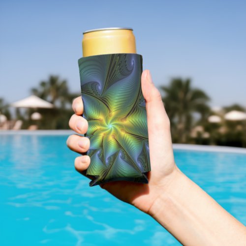 Abstract Star Shiny Blue Green Golden Fractal Art Seltzer Can Cooler