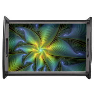 Abstract Star, Shiny Blue Green Golden Fractal Art Serving Tray