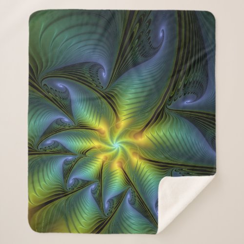 Abstract Star Shiny Blue Green Golden Fractal Art Sherpa Blanket