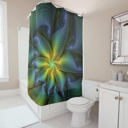 Abstract Star Shiny Blue Green Golden Fractal Art Shower Curtain