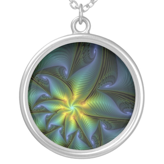 Abstract Star, Shiny Blue Green Golden Fractal Art Silver Plated Necklace (Front)