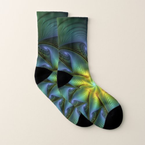 Abstract Star Shiny Blue Green Golden Fractal Art Socks