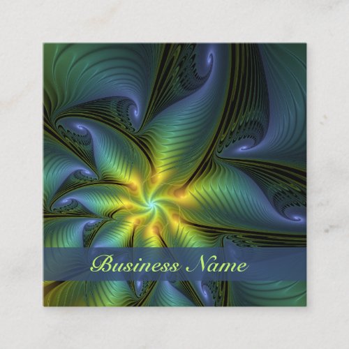 Abstract Star Shiny Blue Green Golden Fractal Art Square Business Card