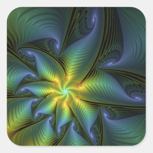 Abstract Star Shiny Blue Green Golden Fractal Art Square Sticker