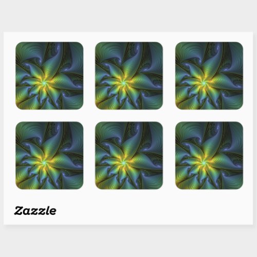 Abstract Star Shiny Blue Green Golden Fractal Art Square Sticker