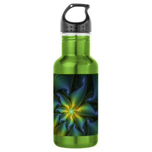 Abstract Star, Shiny Blue Green Golden Fractal Art Stainless Steel Water Bottle