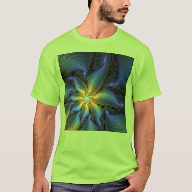 Abstract Star, Shiny Blue Green Golden Fractal Art T-Shirt (Front)