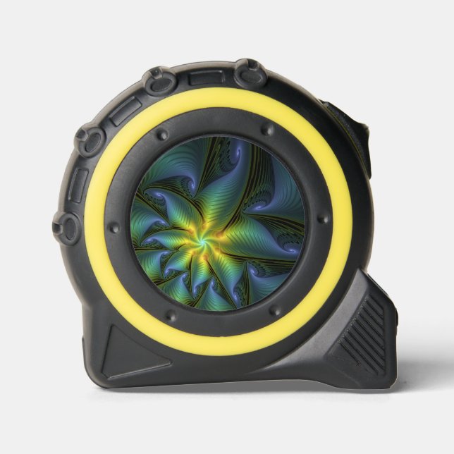 Abstract Star, Shiny Blue Green Golden Fractal Art Tape Measure (Front)