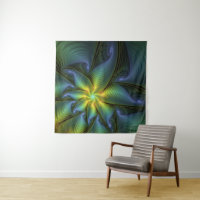 Abstract Star, Shiny Blue Green Golden Fractal Art