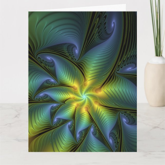 Abstract Star, Shiny Blue Green Golden Fractal Art Thank You Card (Front)
