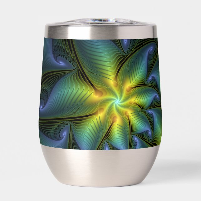 Abstract Star, Shiny Blue Green Golden Fractal Art Thermal Wine Tumbler (Front)