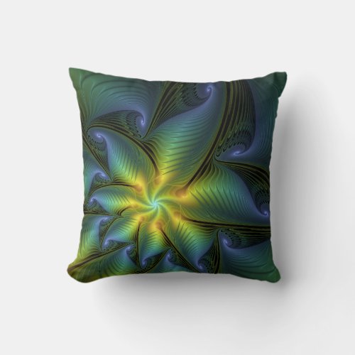 Abstract Star Shiny Blue Green Golden Fractal Art Throw Pillow