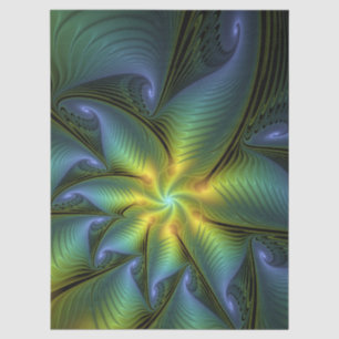 Abstract Star, Shiny Blue Green Golden Fractal Art Tissue Paper