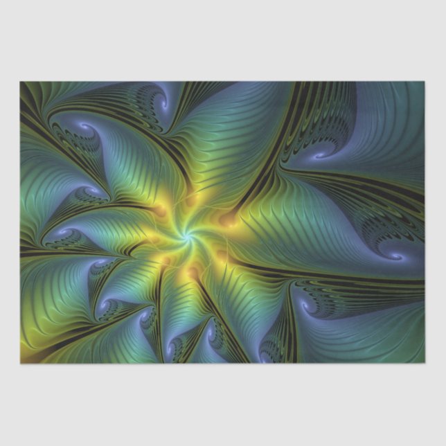 Abstract Star, Shiny Blue Green Golden Fractal Art Tissue Paper (Front)