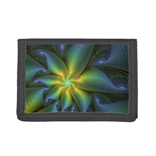 Abstract Star, Shiny Blue Green Golden Fractal Art Tri-fold Wallet