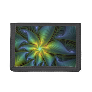 Abstract Star, Shiny Blue Green Golden Fractal Art Trifold Wallet
